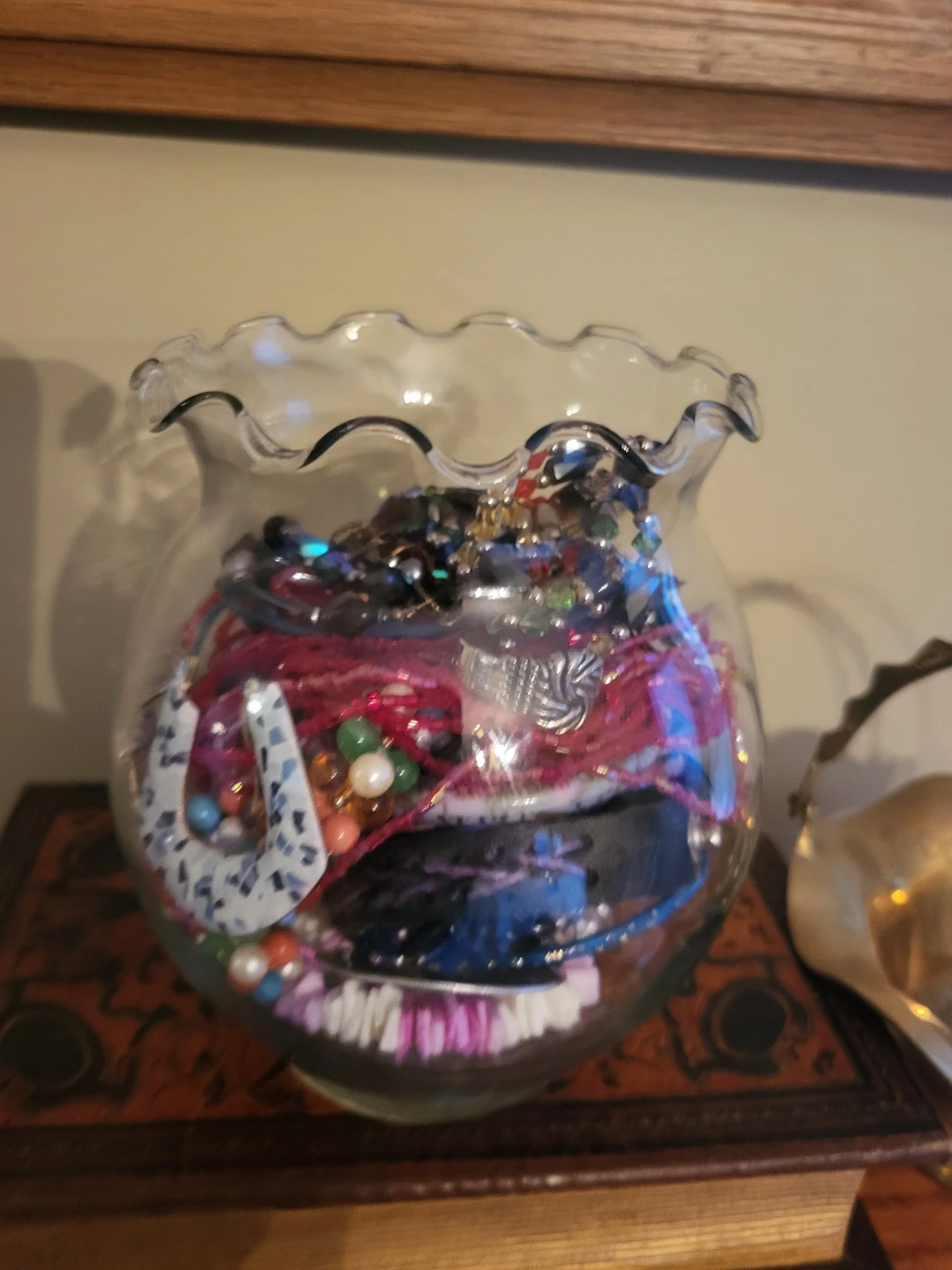 Glass Vase Filled with Assorted Costume Jewellery