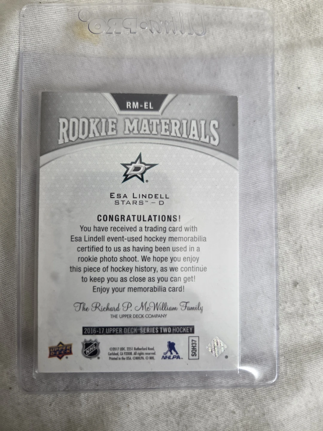 Upper Deck Rookie Materials Esa Lindell Jersey Card - photo 2