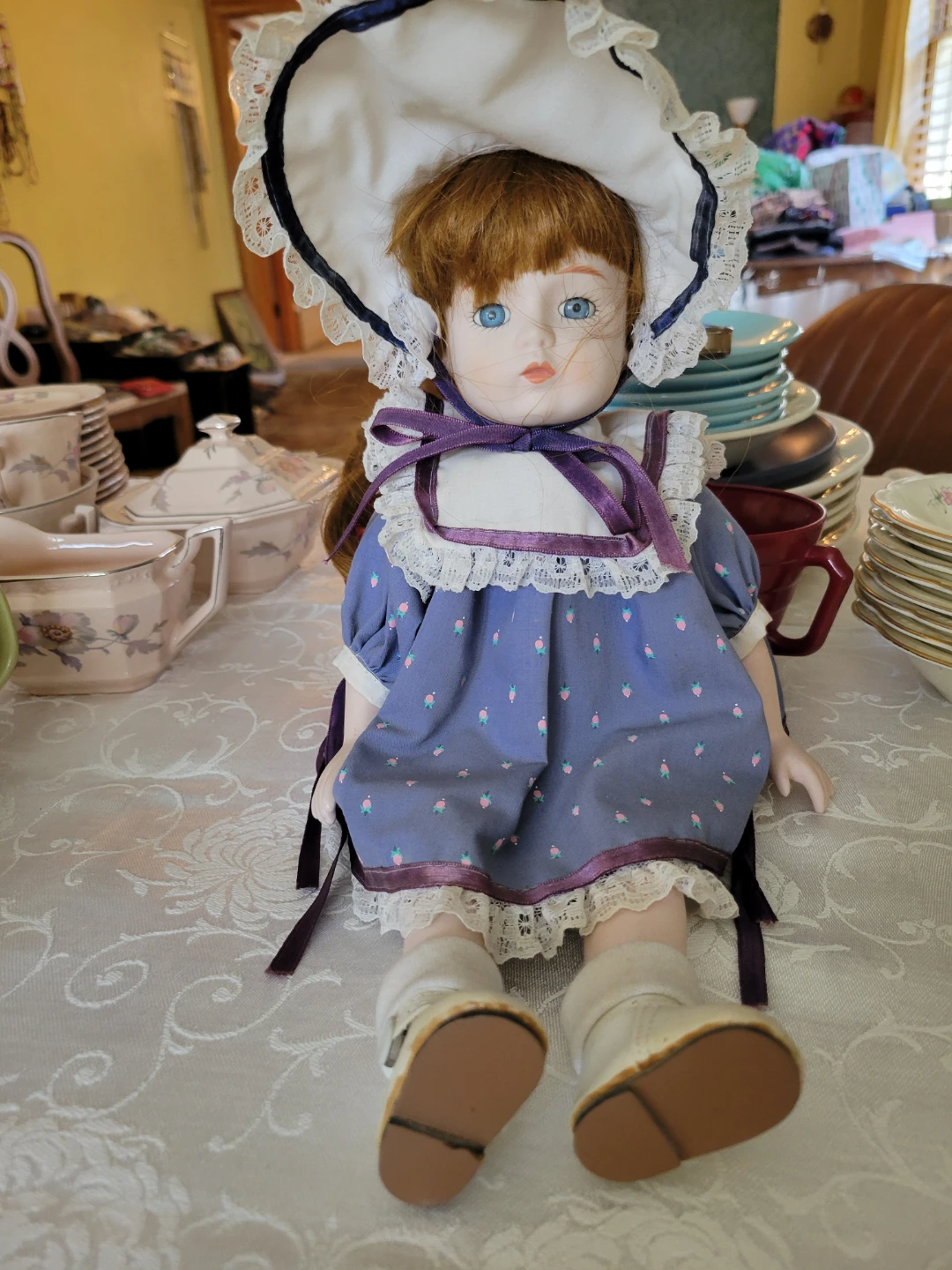Vintage Porcelain Doll with Blue Dress and Bonnet