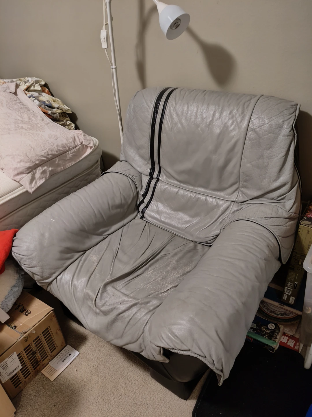 Grey Leather Armchair with Black Stripes