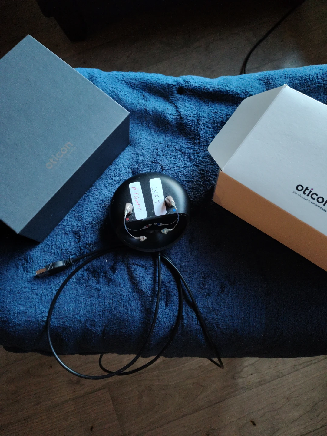 Oticon Hearing Aid Charging Case and Devices