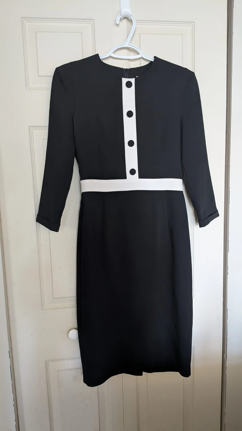 Modern black and white long-sleeve sheath dress, size 6