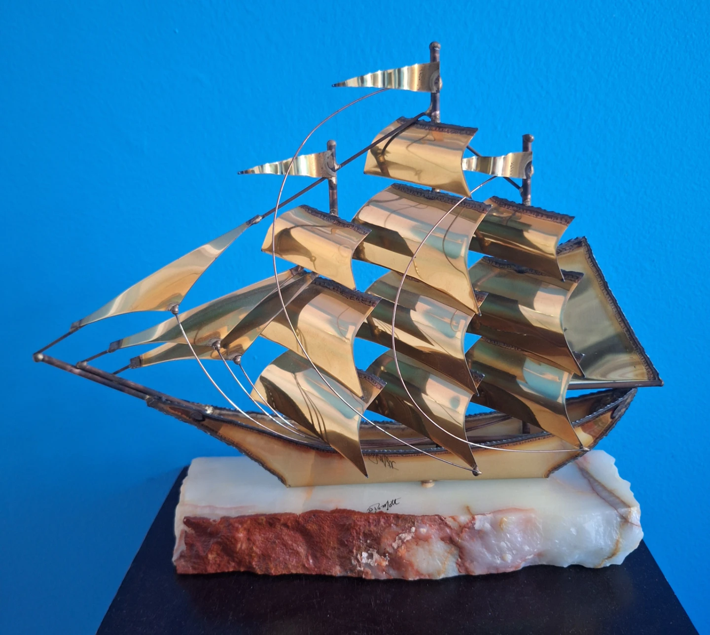 Brass Sailing Ship Sculpture on Onyx Base Signed