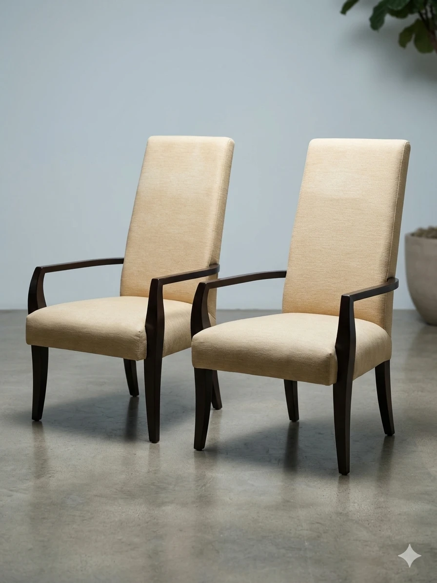Set of 2 Shermag Cream Upholstered Dining Chairs  Dark Wood Arms
