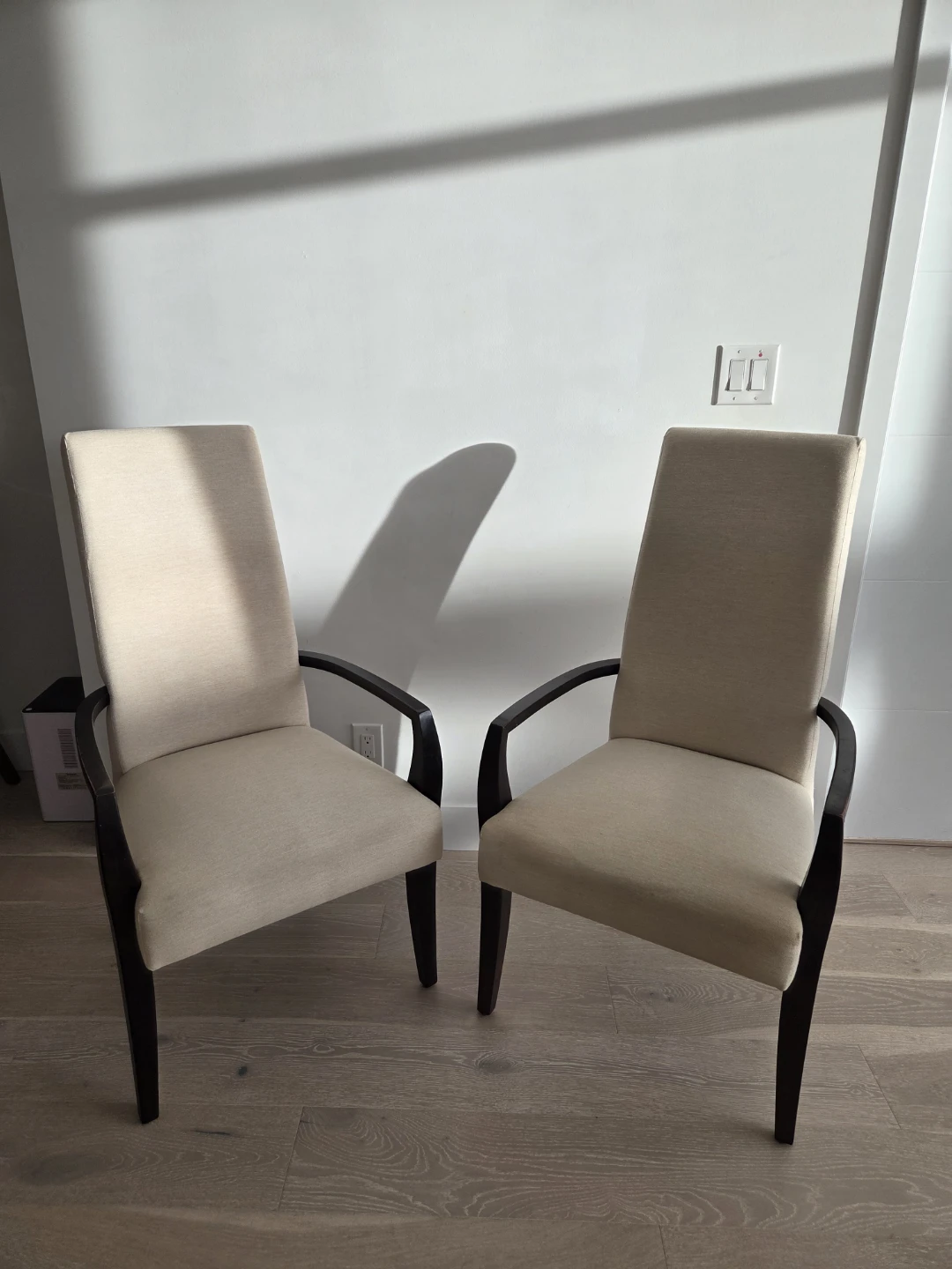 Set of 2 Shermag Cream Upholstered Dining Chairs  Dark Wood Arms - photo 2