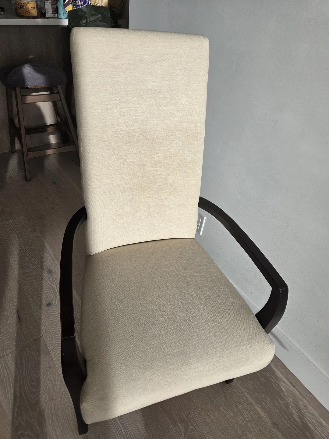 Set of 2 Shermag Cream Upholstered Dining Chairs  Dark Wood Arms - photo 3