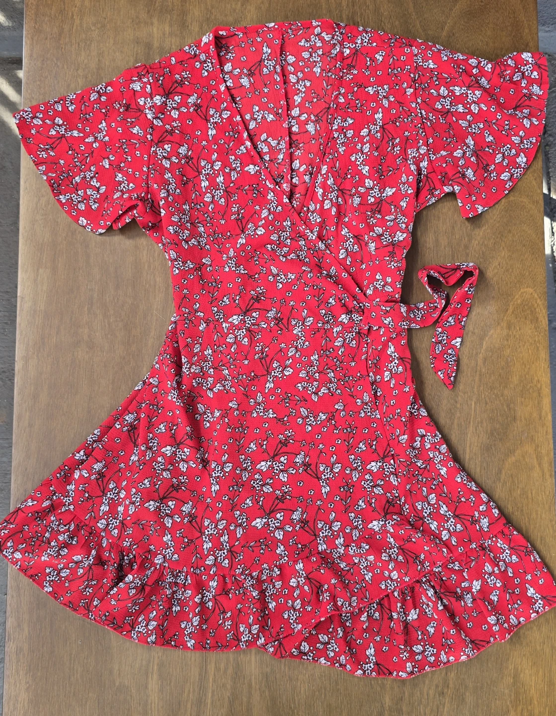 Red Floral Wrap Dress - Size L - Adjustable Tie - 34" Length - photo 2