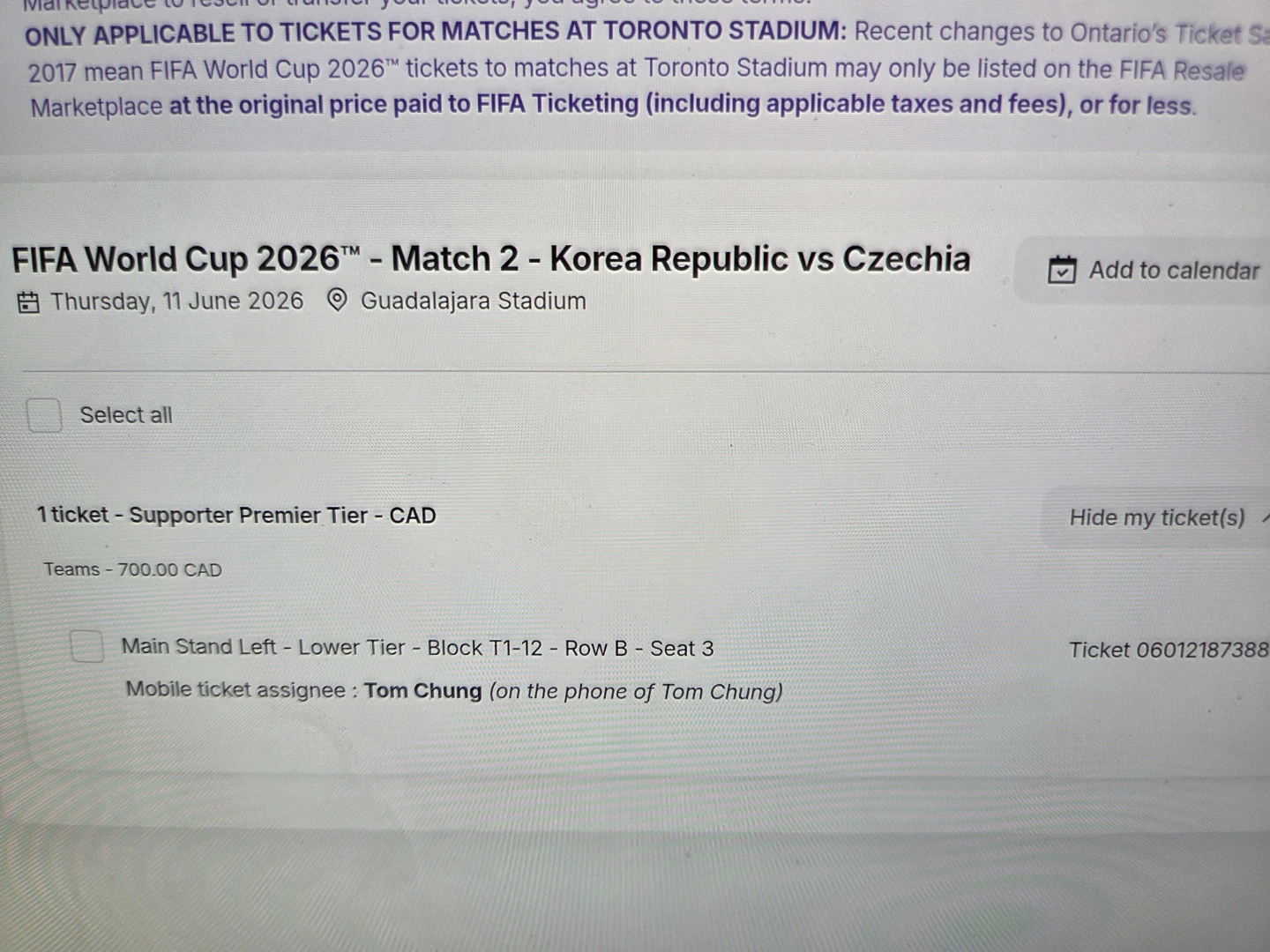 FIFA World Cup 2026 Ticket - Korea Republic vs Czechia