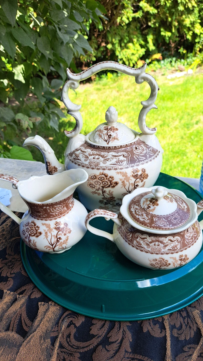 Brown Floral Teapot, Sugar Bowl, and Creamer Set