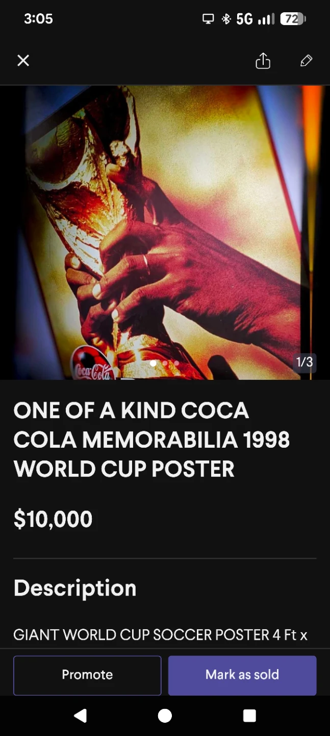ONE OF A KIND Coca-Cola 1998 World Cup Memorabilia Poster