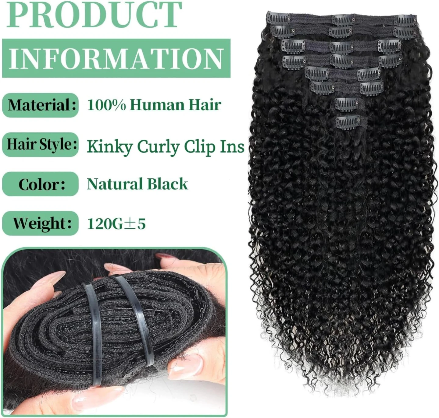 Kinky Curly Hair Extensions - 100% Human Hair - Natural Black - photo 4