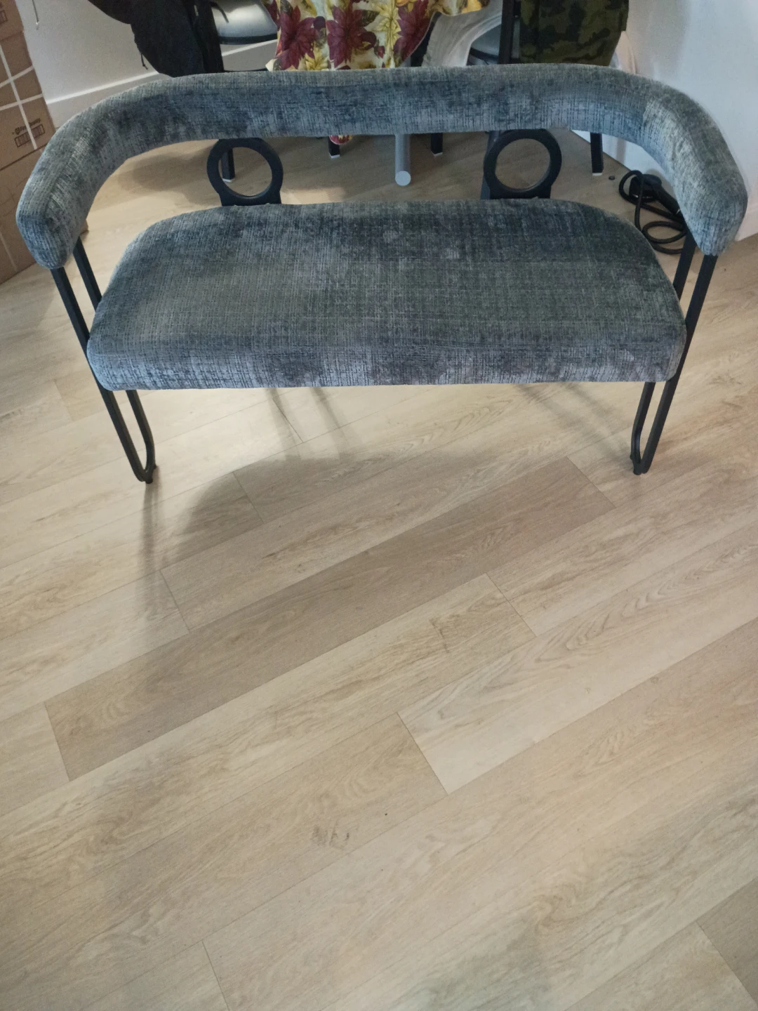 Gray Upholstered Bench with Black Metal Legs