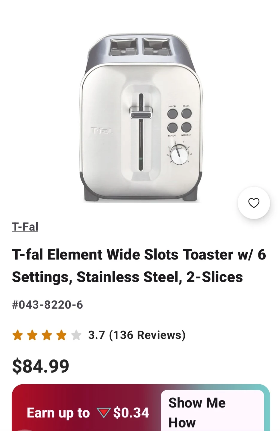 T-fal 2-Slice Stainless Steel Toaster