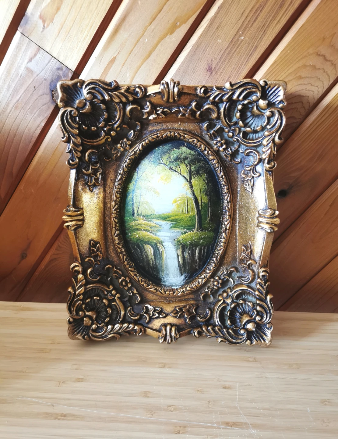 Vintage European Oil Landscape Painting Ornate Gilt Rococo Frame