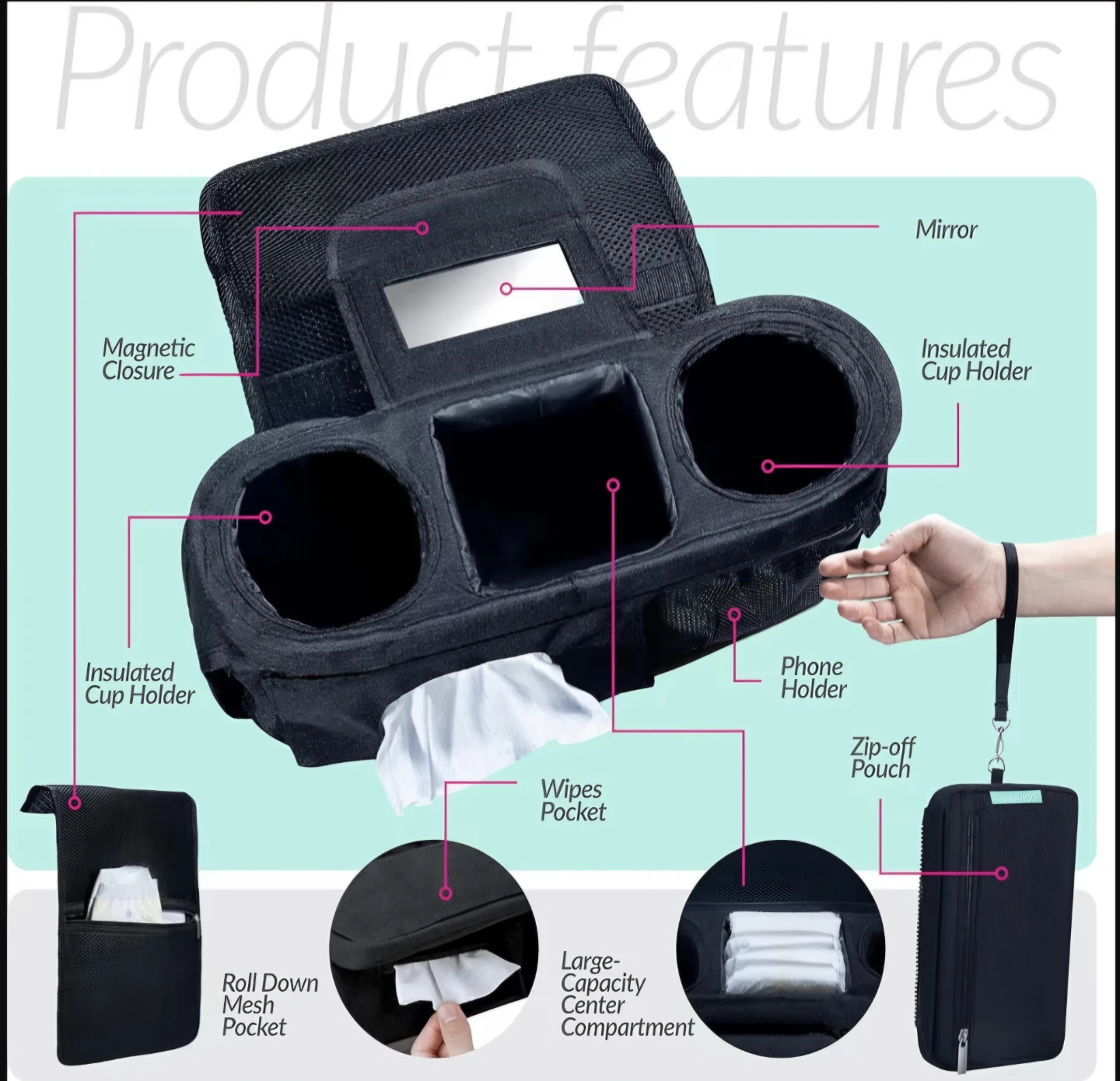 SWANOO Stroller Organizer with Insulated Cup Holders & Mirror - photo 4