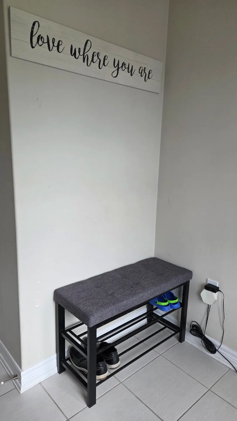 Grey Fabric Entryway Bench with Shoe Rack - photo 2