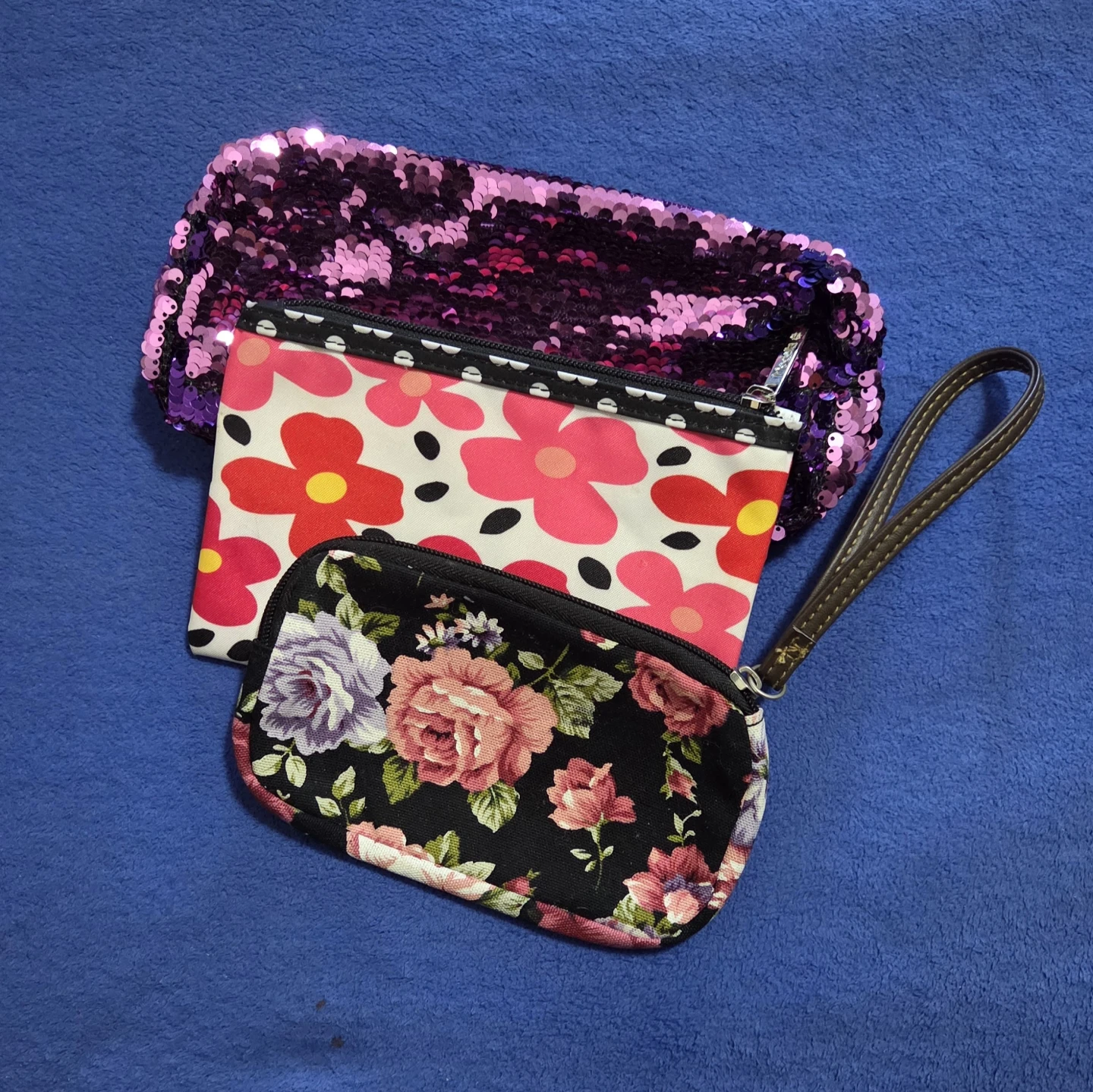 3pcs Pouch Bundle – Wristlet Wallet, Cosmetic Bag & Sequin Case