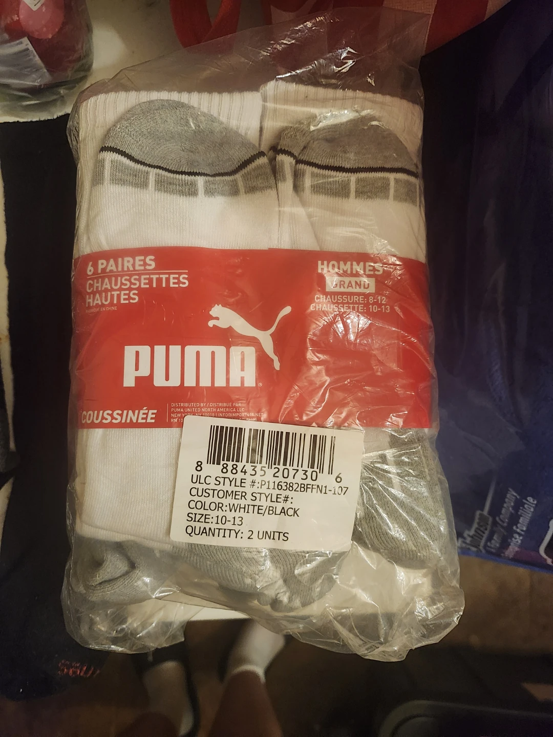 Puma Men's White/Black Socks (Size 10-13) - 2, 6 packs