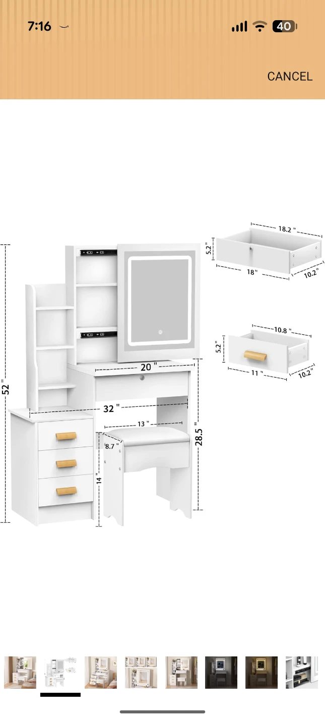 White Vanity Set with LED Mirror and Stool - photo 2