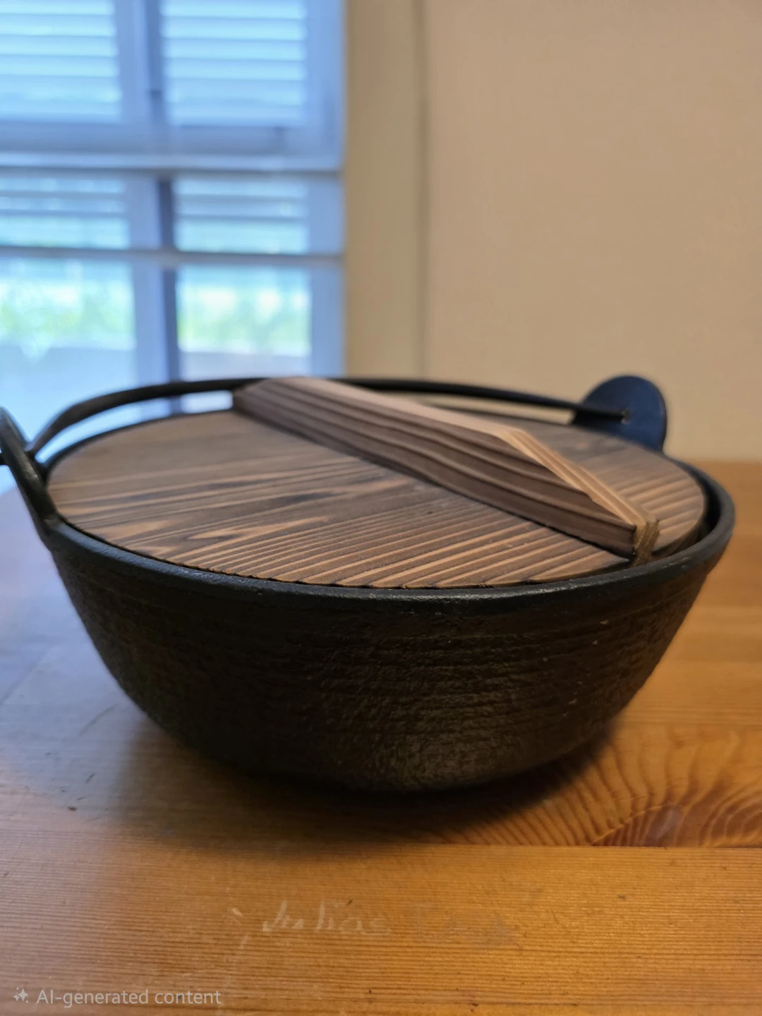 Japanese Cast Iron Sukiyaki Pot w/ Wooden Drop Lid