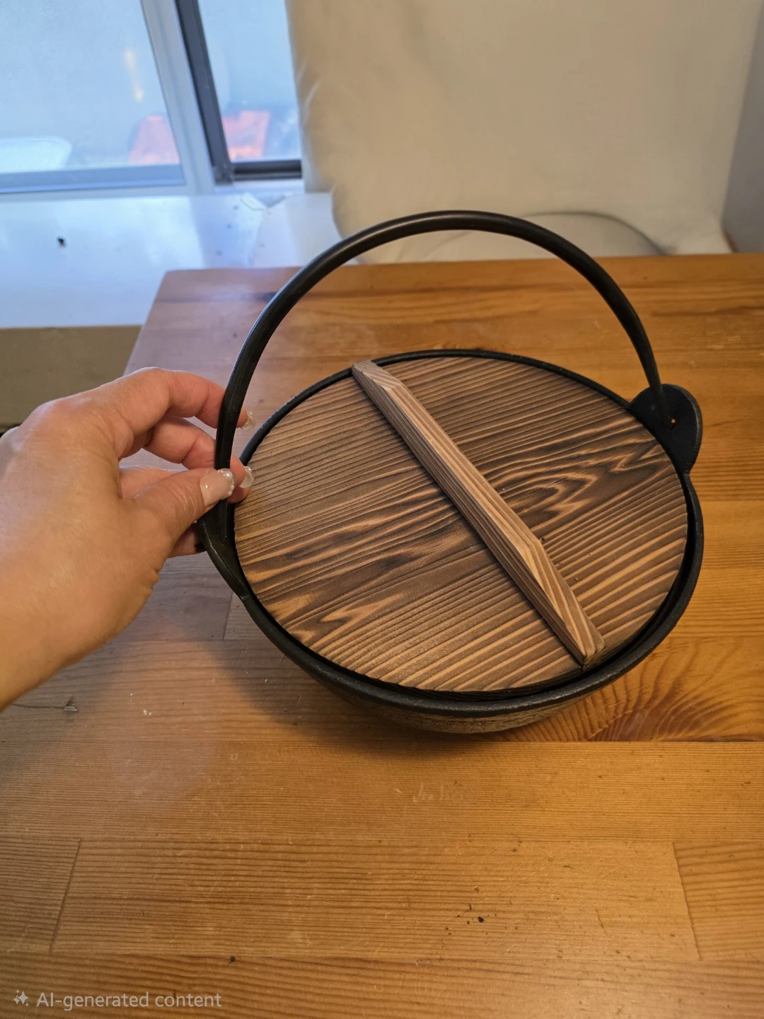Japanese Cast Iron Sukiyaki Pot w/ Wooden Drop Lid - photo 2
