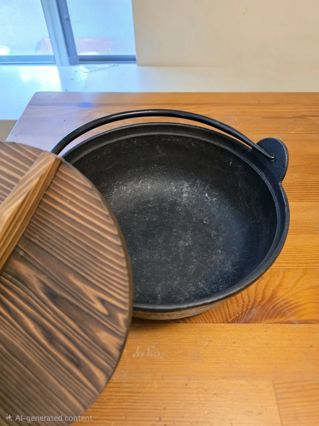Japanese Cast Iron Sukiyaki Pot w/ Wooden Drop Lid - photo 3