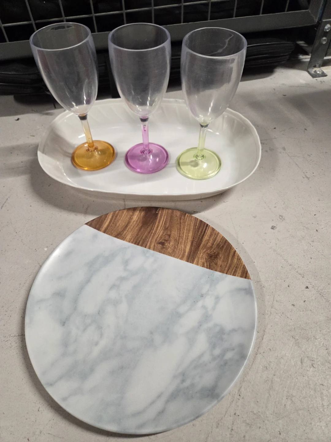 Round Marble Wood Serving Board and 3 Plastic Wine Glasses - photo 5