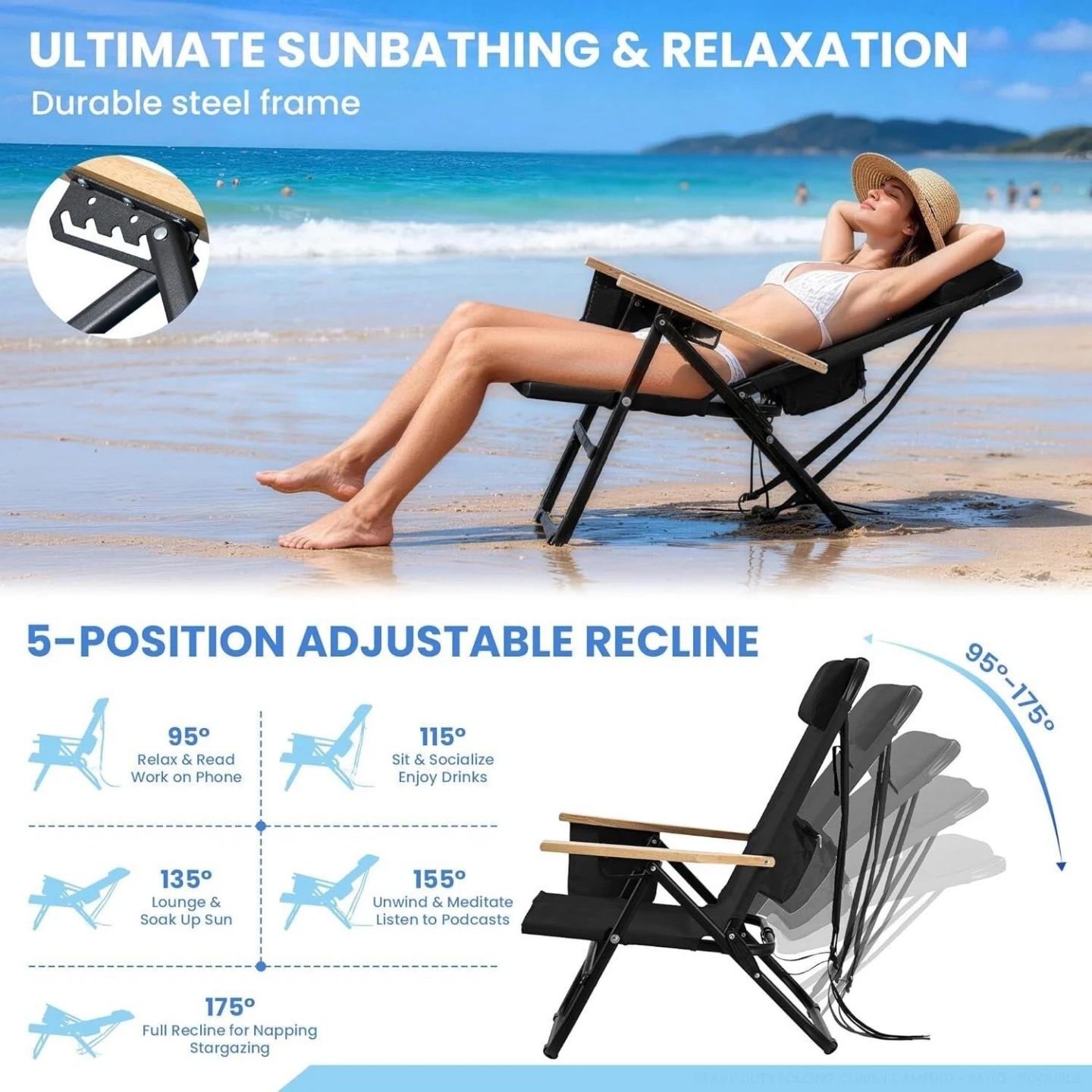 Black Folding Beach Chair with Headrest & Wood Armrests