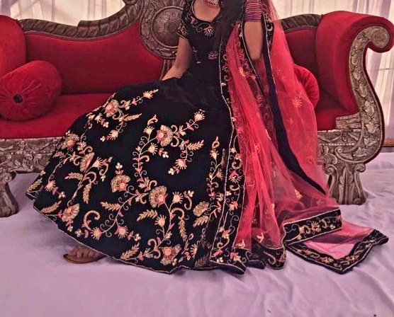 Embroidered Navy Blue Lehenga with Pink Dupatta