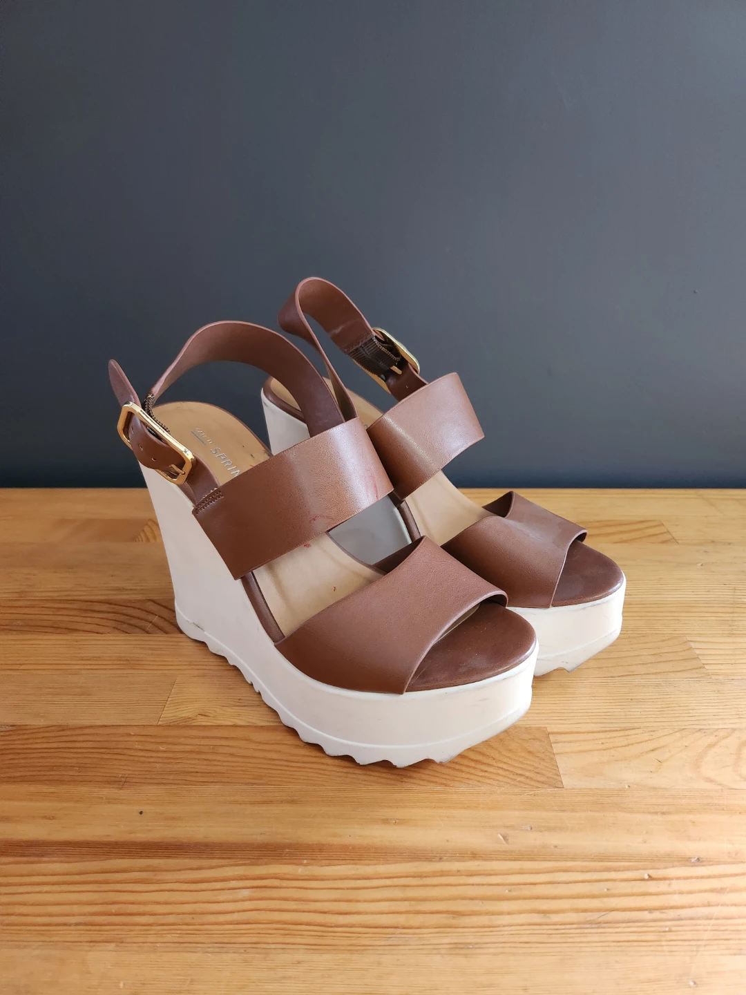 Call It Spring Brown White Platform Wedge Sandals- (US 6.5)