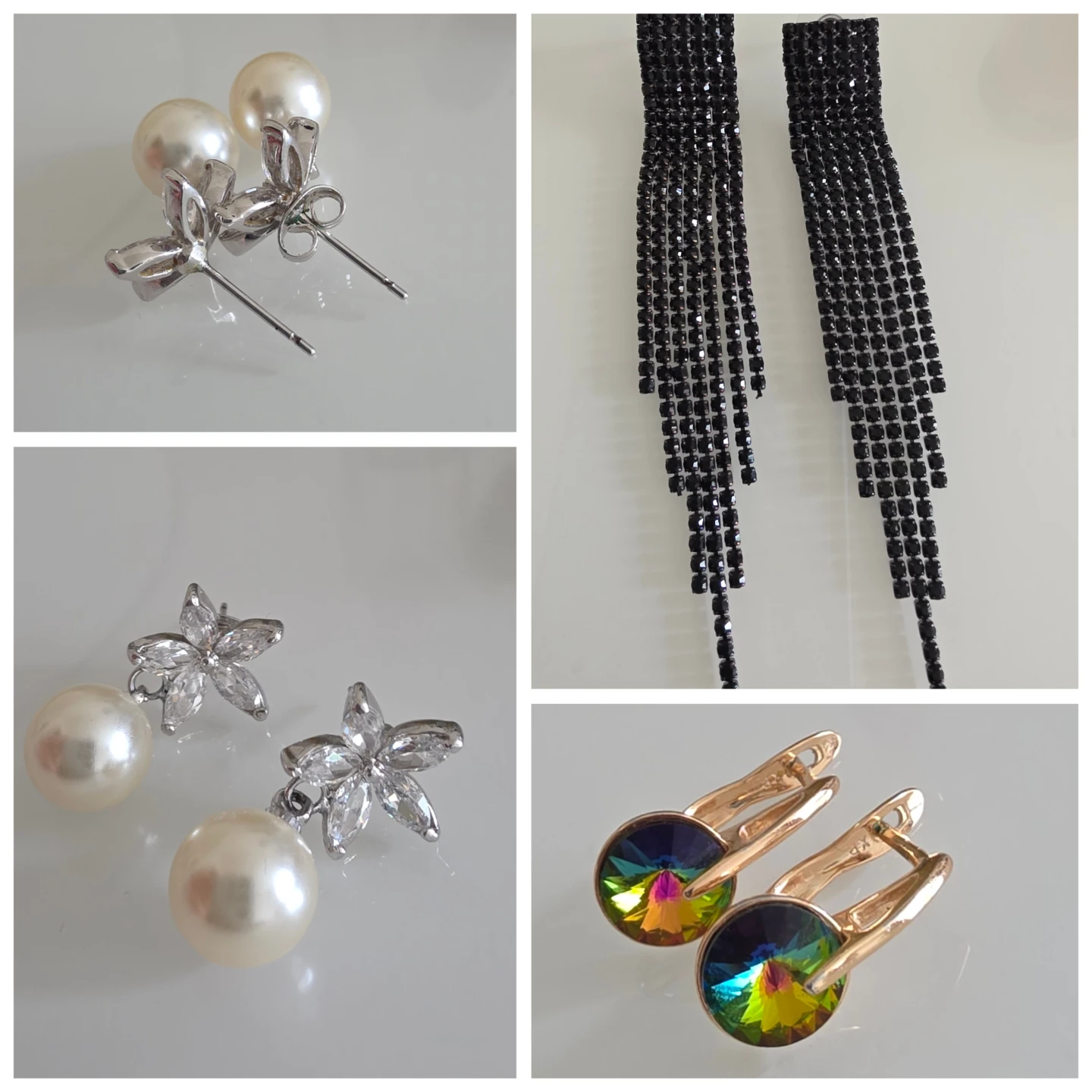 Assorted Earrings: Pearl Studs, Black Dangles & Crystal Drops