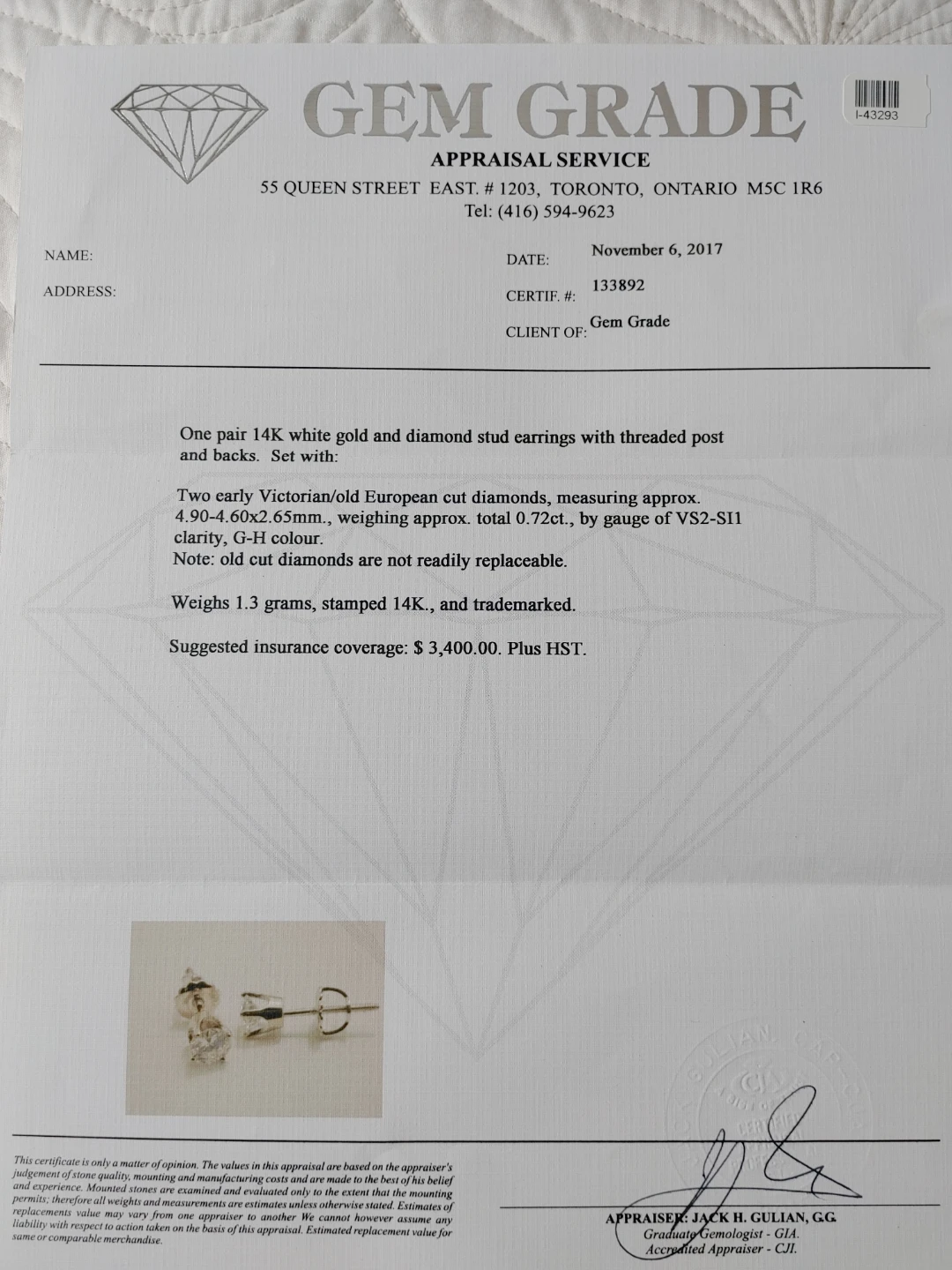14K White Gold Diamond Stud Earrings - photo 3