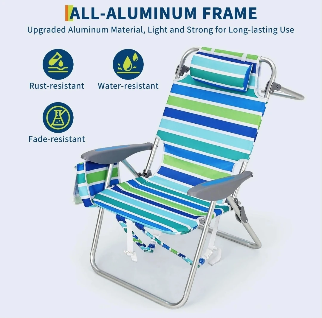 Striped Aluminum Beach Chair - Reclining, Rust-Resistant - photo 2