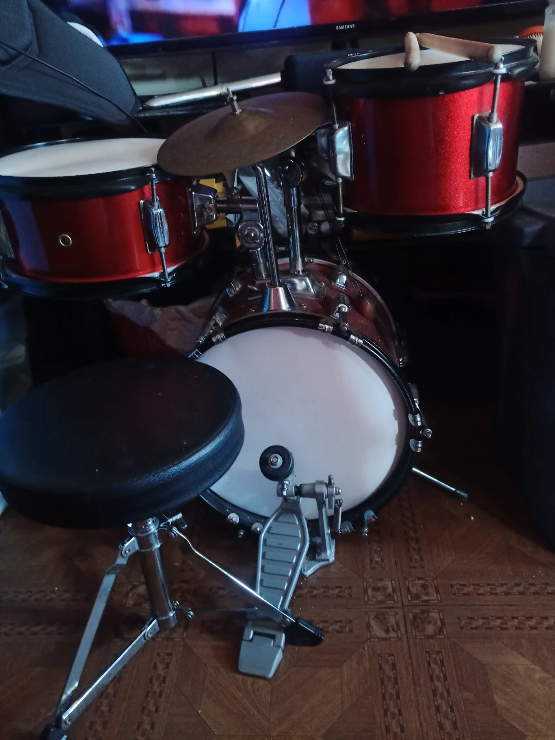 Red Drum Set with Stool and Sticks