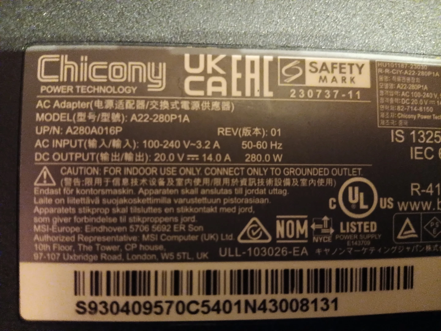 Chicony A22-280P1A AC Adapter Power Supply - photo 2