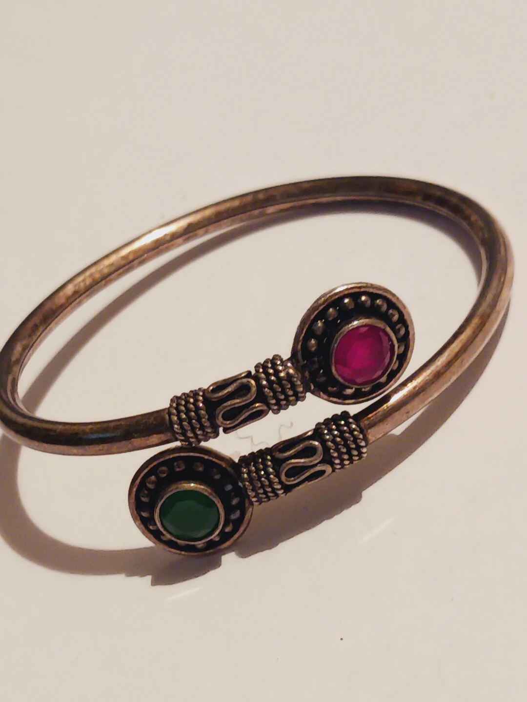 Sterling Silver 925 Pink & Green Gemstones Bangle Bracelet - photo 5