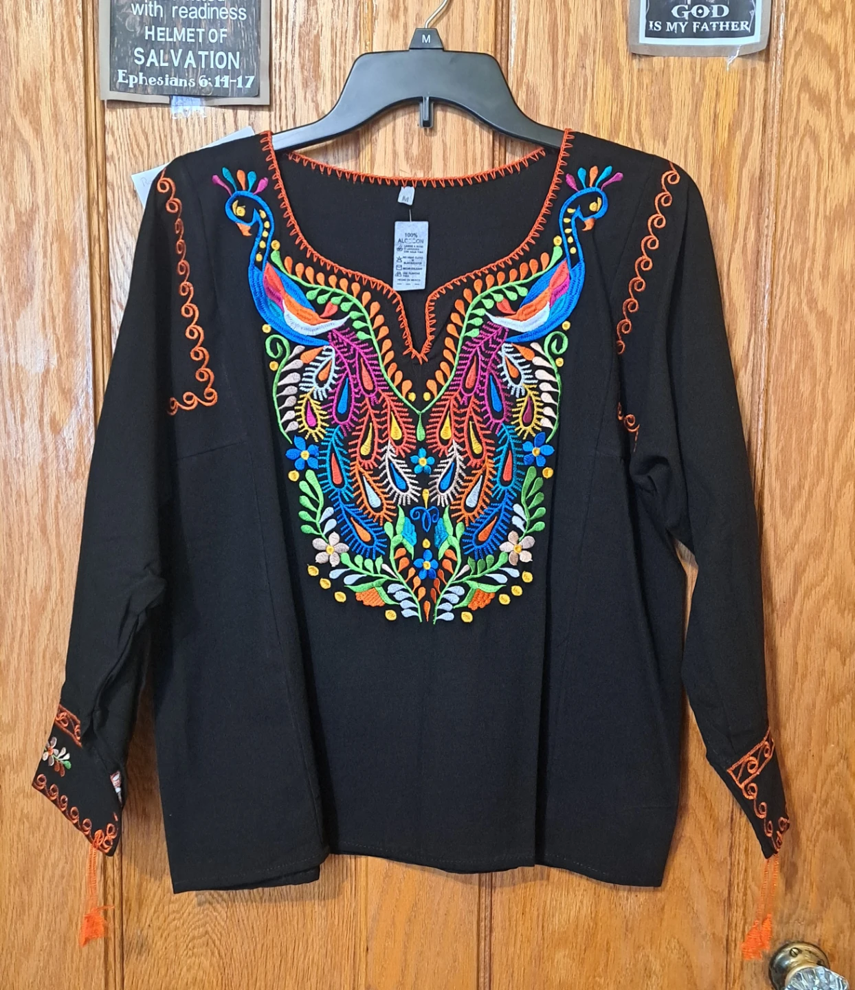 Black Embroidered Cotton Blouse Size M (From Mexico)