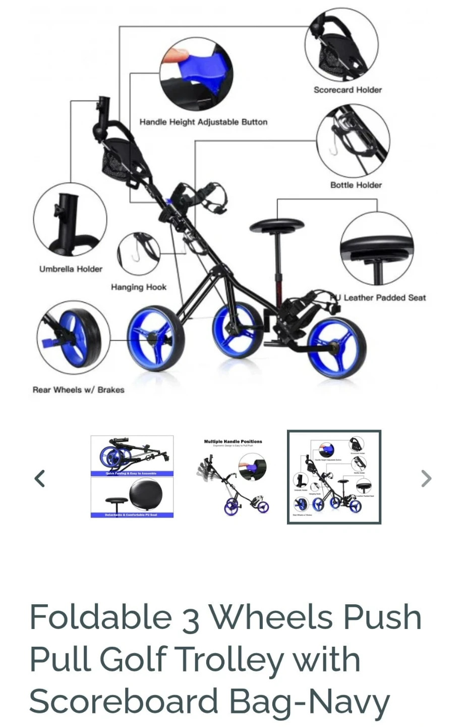 Foldable 3 Wheels Push Pull Golf Trolley with Scoreboard