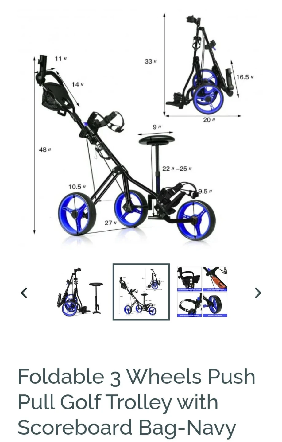 Foldable 3 Wheels Push Pull Golf Trolley with Scoreboard - photo 4