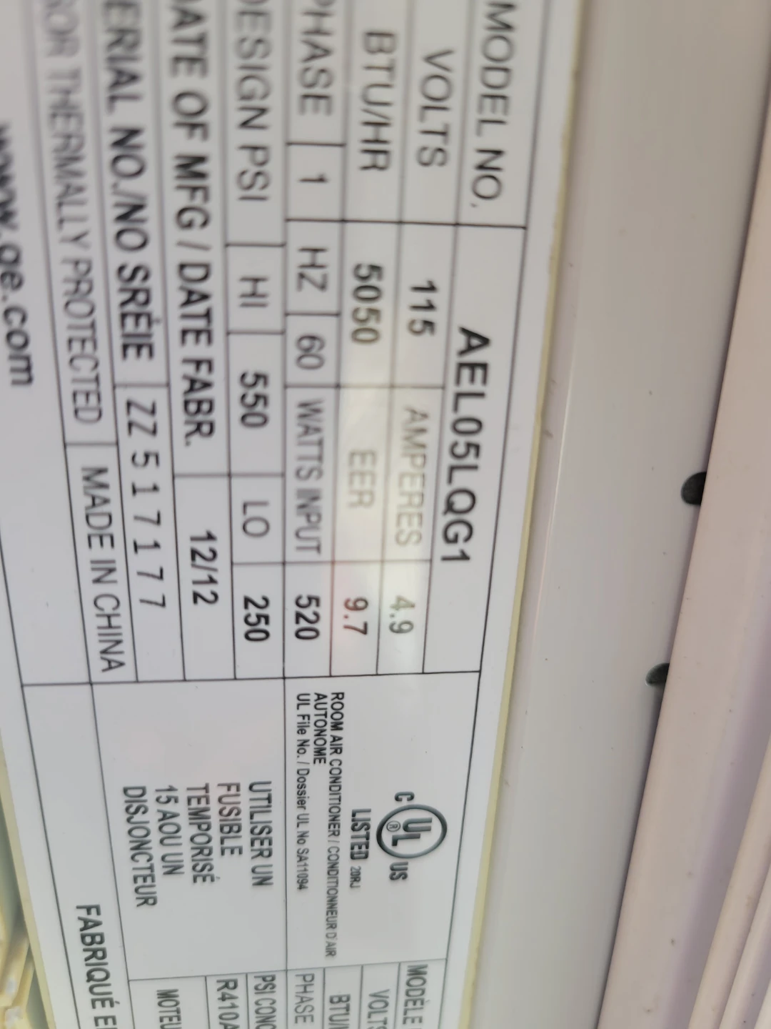 GE Window Air Conditioner AEL05LQG1 - photo 2