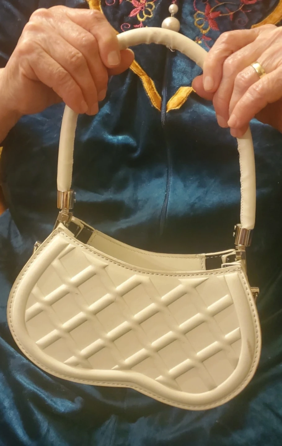 White Quilted Heart Shoulder Bag with Silver Hardware