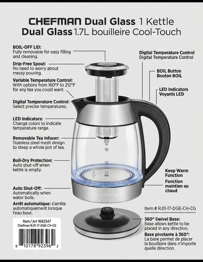 Chefman Dual Glass Kettle 1.7L - photo 3