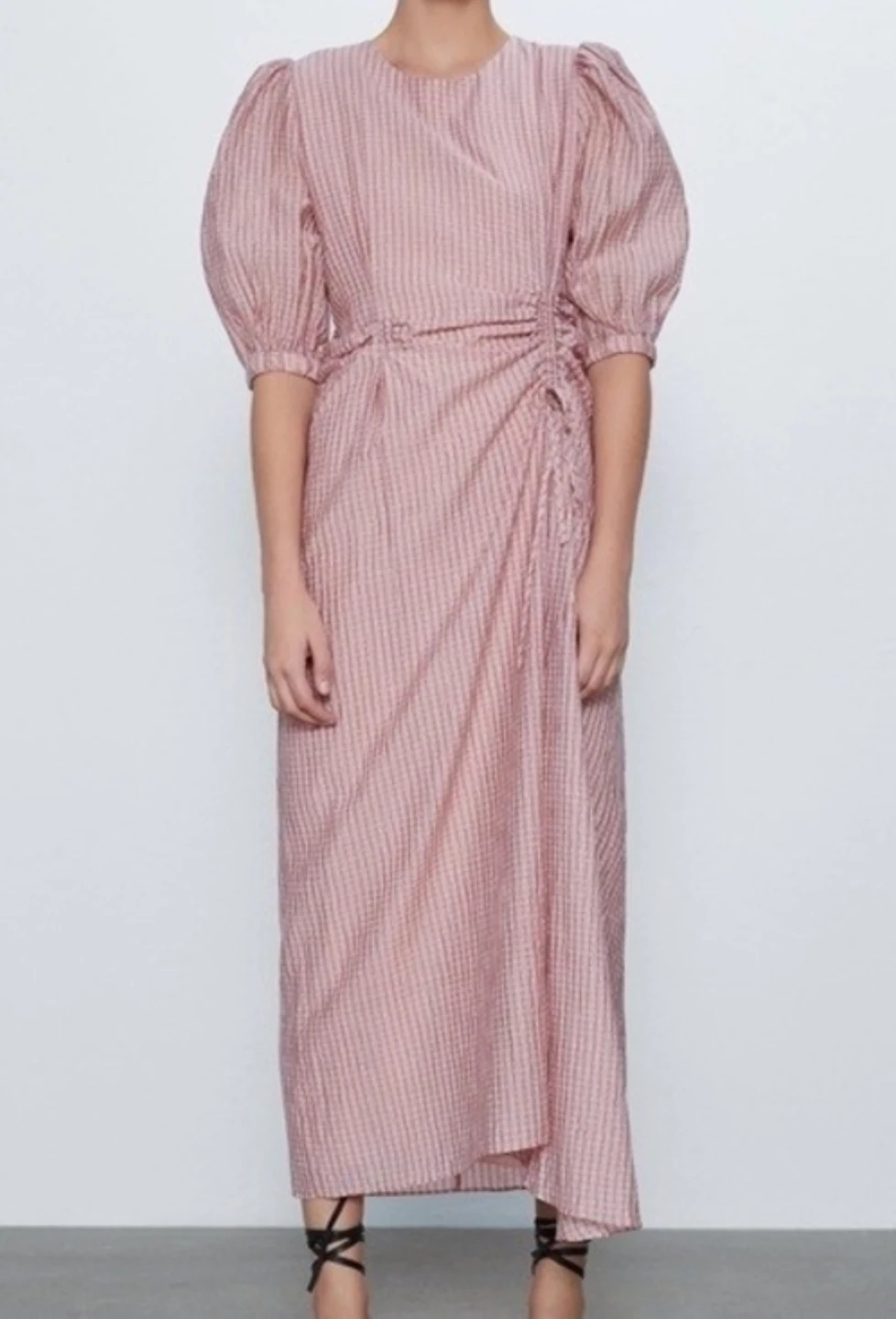 Zara Blush Pink Gingham Maxi Dress with Puff Sleeves