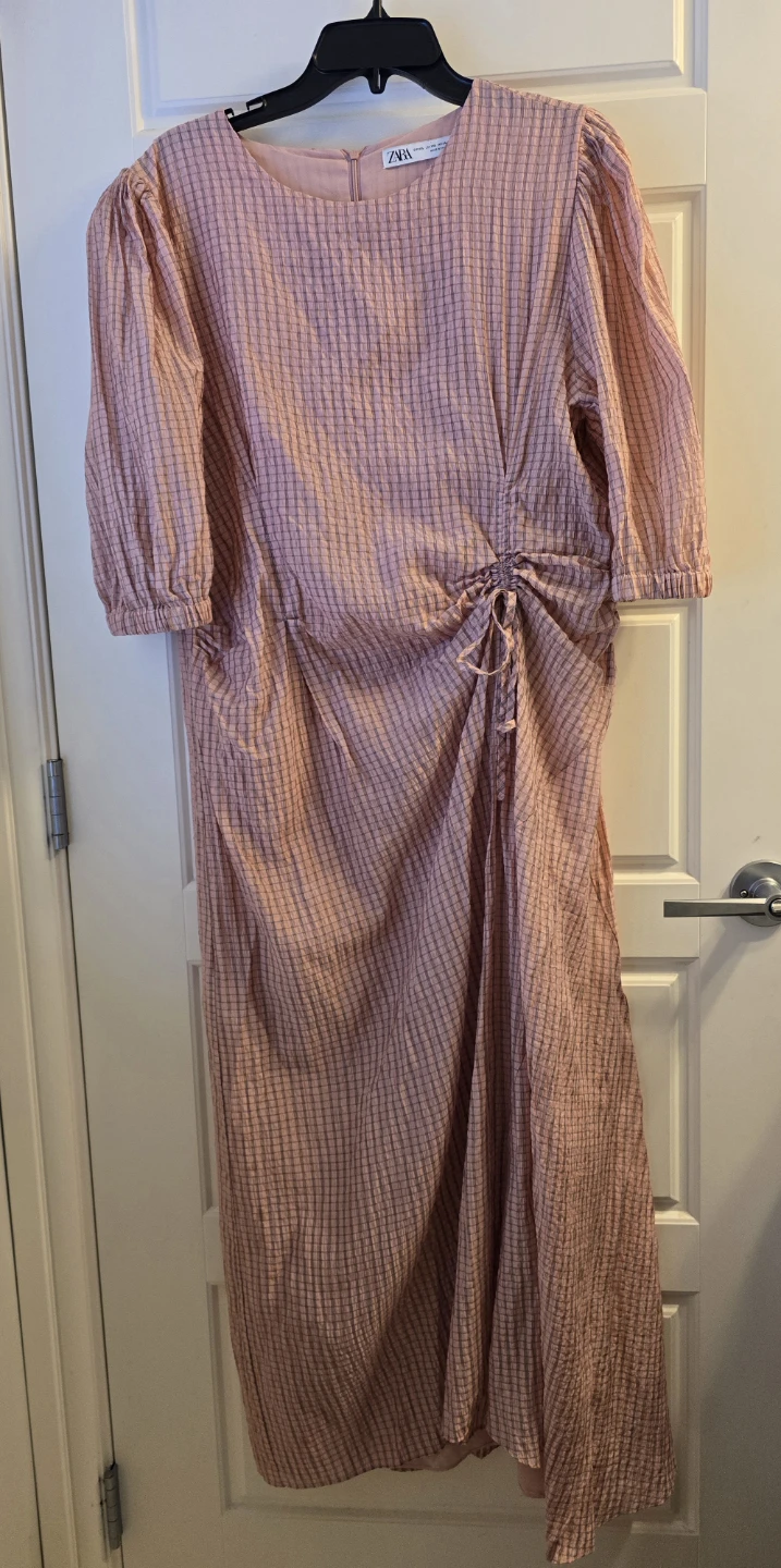 Zara Blush Pink Gingham Maxi Dress with Puff Sleeves - photo 2
