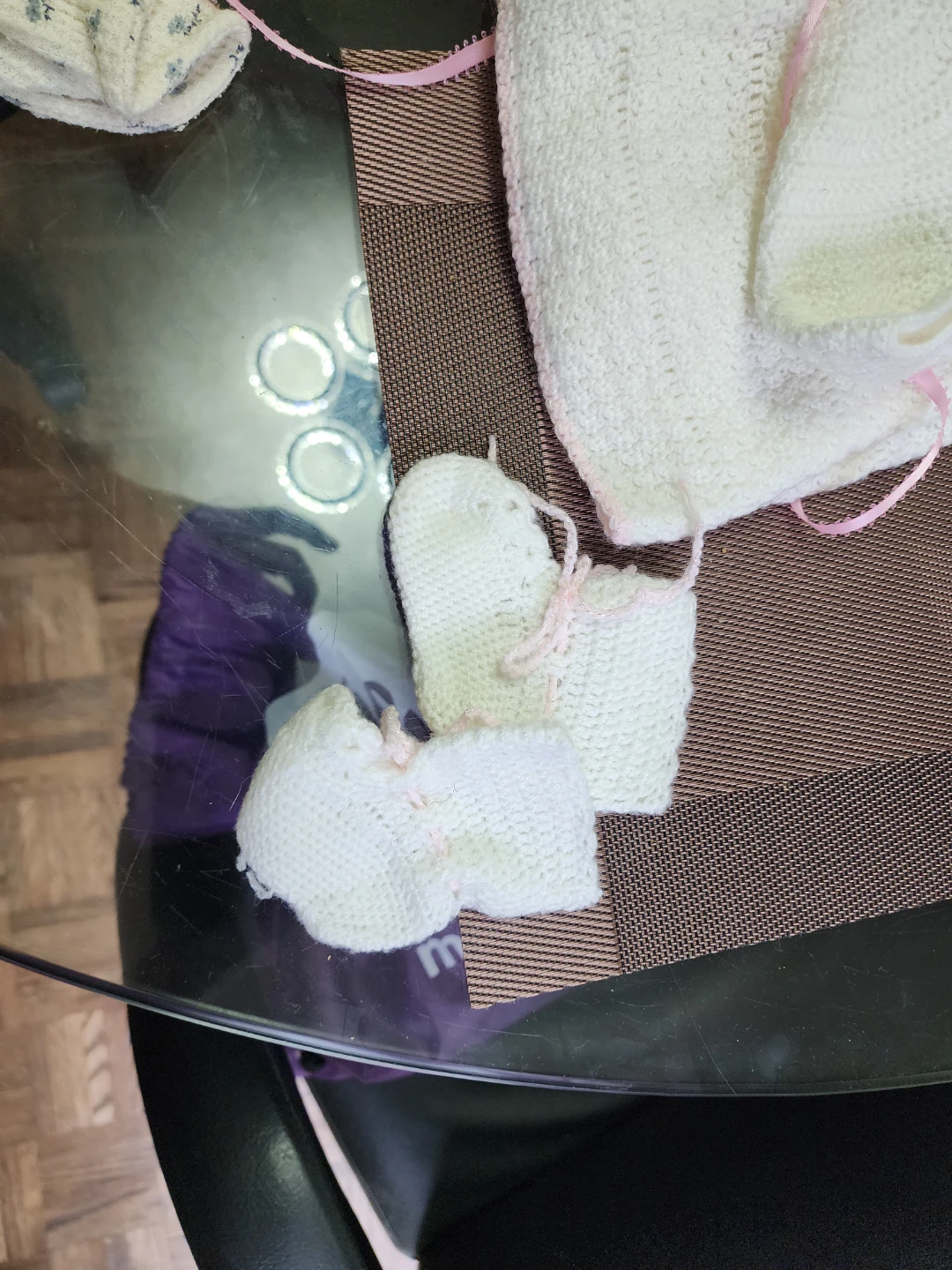 White & Pink Knit Baby Outfit Set with Bonnet and Booties