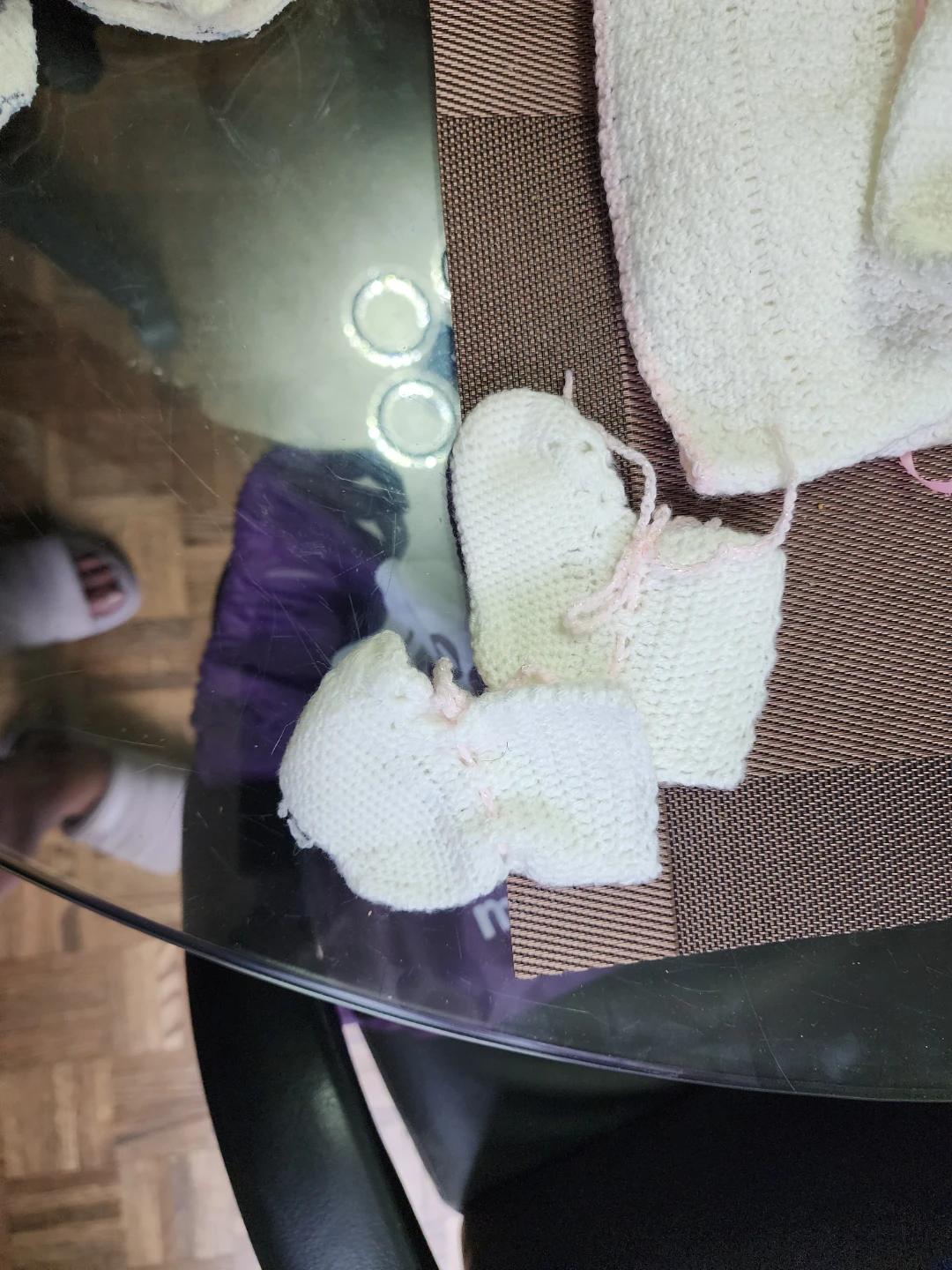 White & Pink Knit Baby Outfit Set with Bonnet and Booties - photo 2