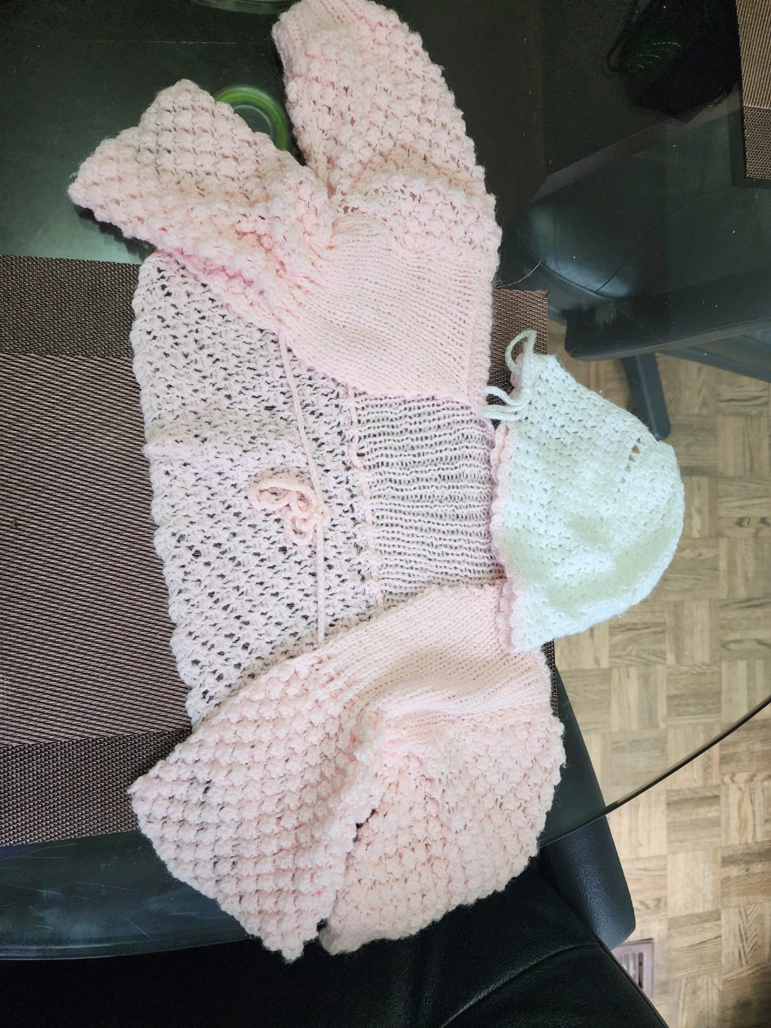 White & Pink Knit Baby Outfit Set with Bonnet and Booties - photo 3