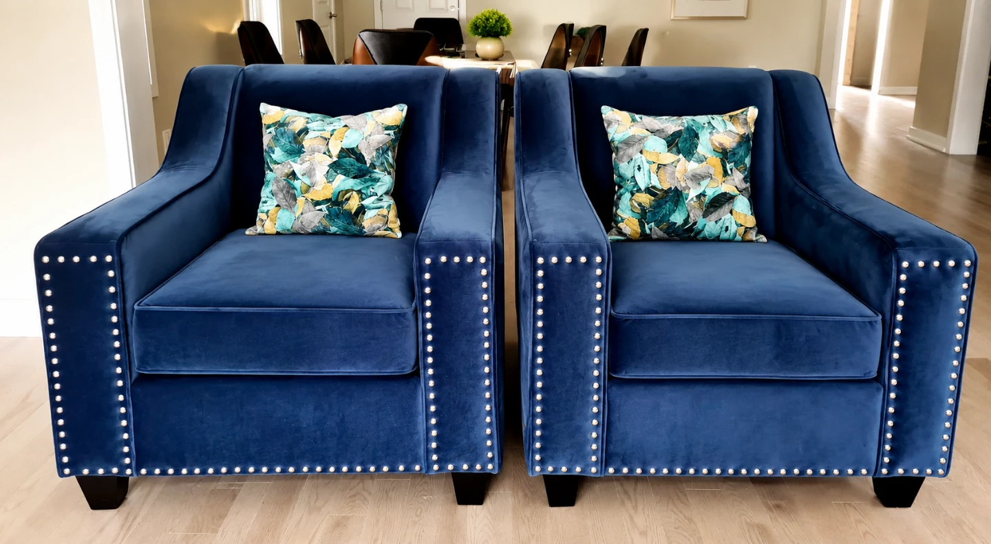 Two Blue Velvet Accent Chairs with Studded Arms