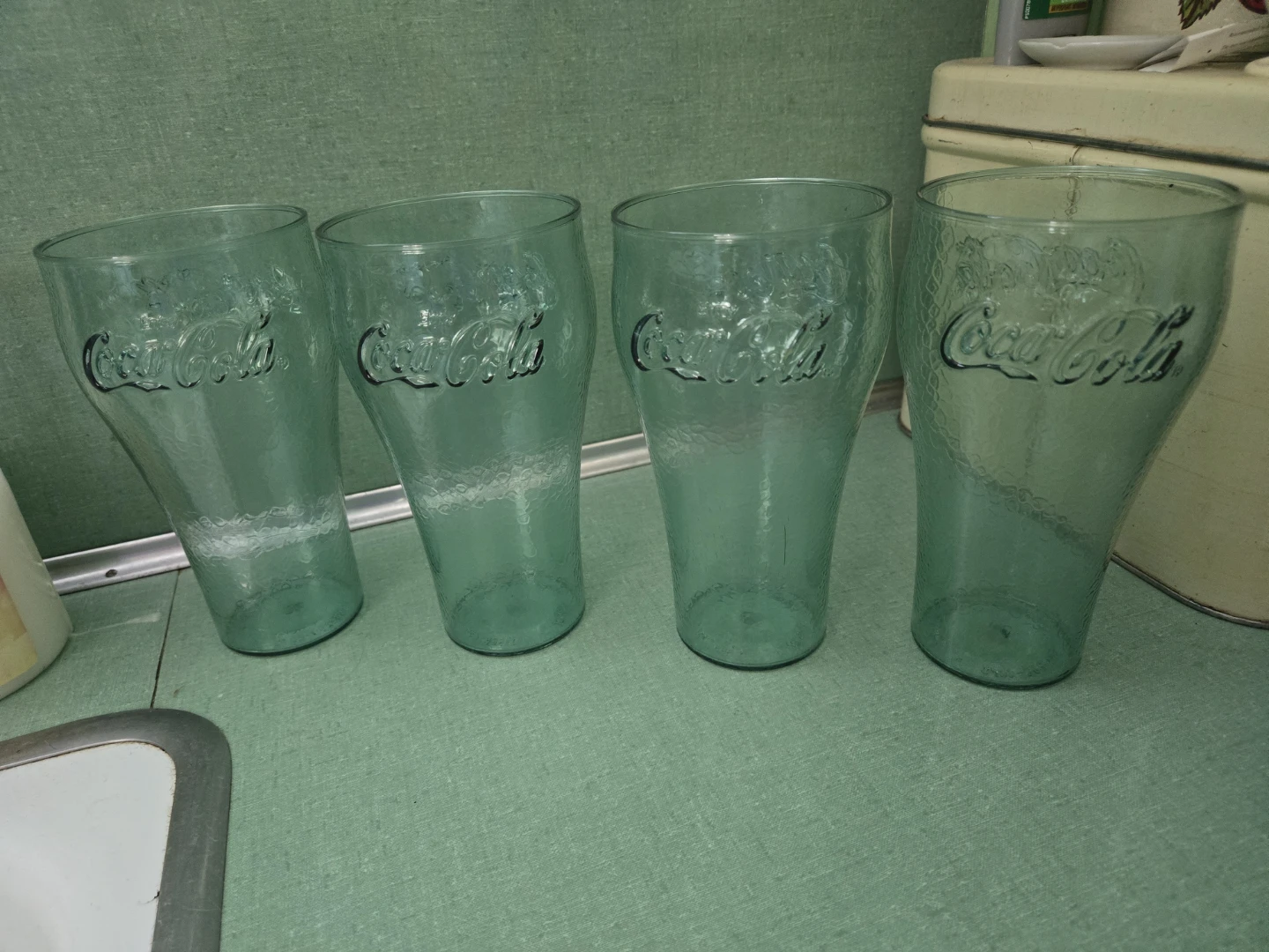 Four (4) Vintage Large Green Plastic Coca-Cola Glasses