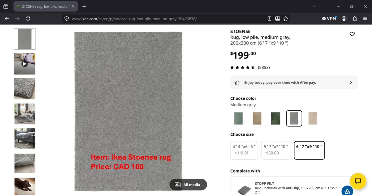 Ikea Stoense Low Pile Rug - Medium Gray 6'7"x9'10"